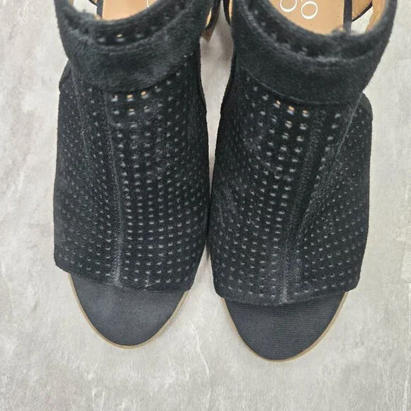 Franco Sarto Heeled Sandals Sz 8 Black Perferated Suede Dressy Block Heel Shoes - Picture 3 of 12